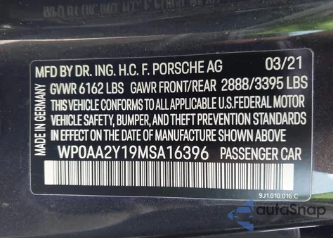 2021 Porsche Taycan z USA, uszkodzony, nr VIN WP0AA2Y19MSA16396